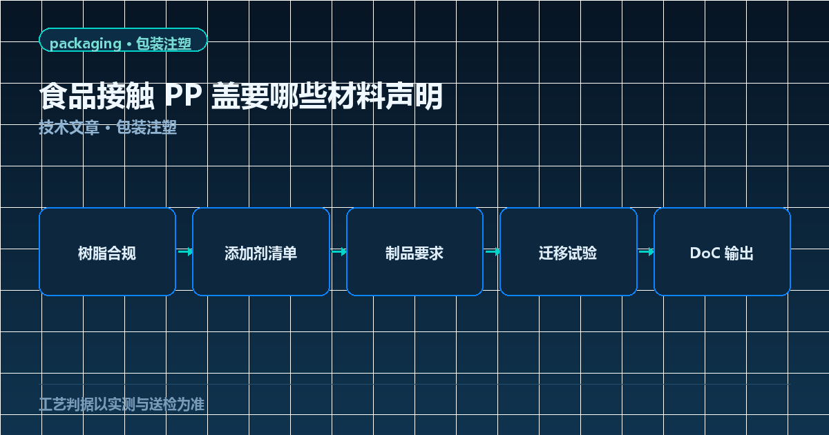 食品接触 PP 盖合规链路图：树脂、添加剂、制品、迁移试验到 DoC