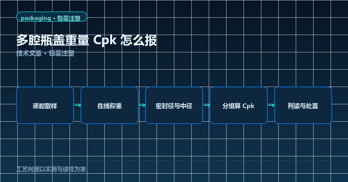 多腔瓶盖逐腔测量流程图：逐腔取样、在线称重、关键尺寸到 Cpk 判读