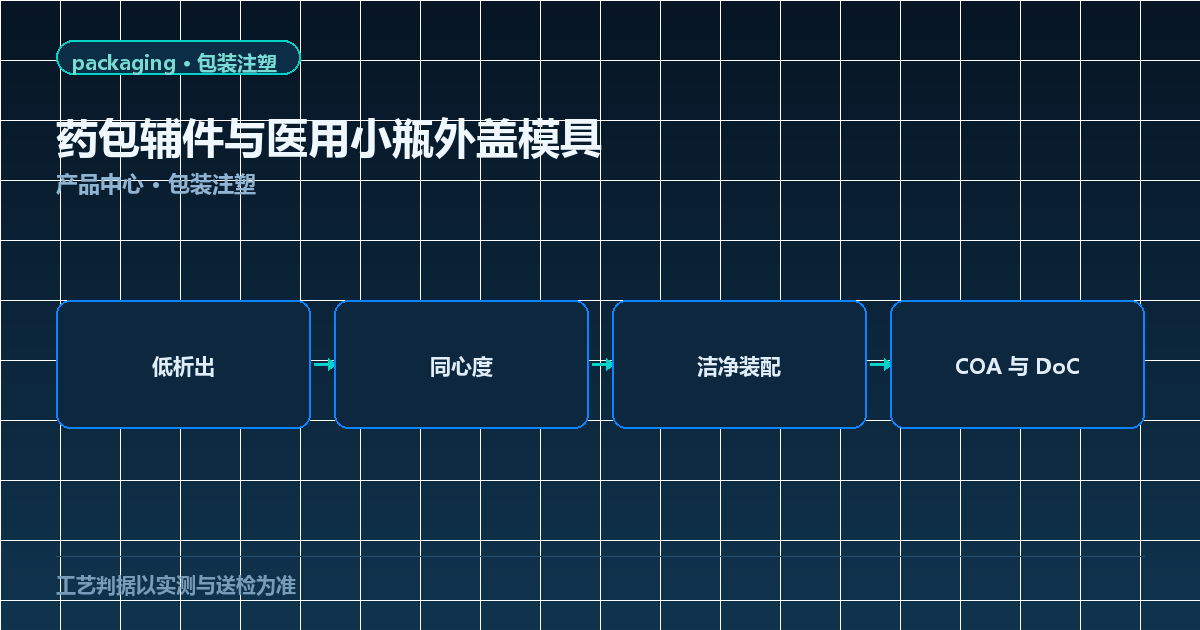 药包辅件与医用小瓶外盖模具示意图：低析出、同心度、洁净装配与 COA 文件